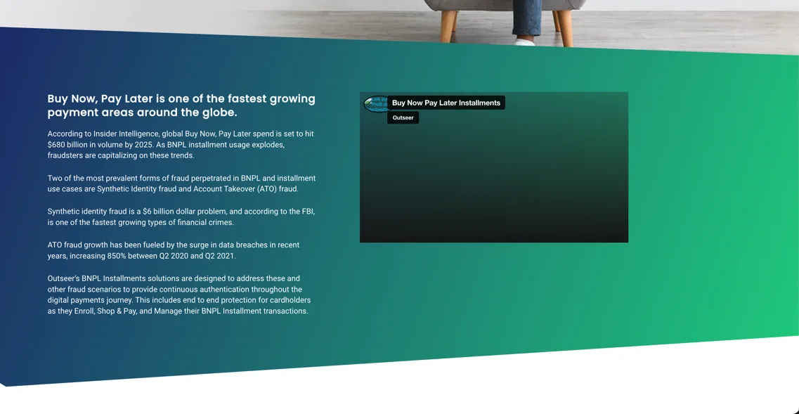 BNPL page section explaining installment fraud growth with an embedded product video.